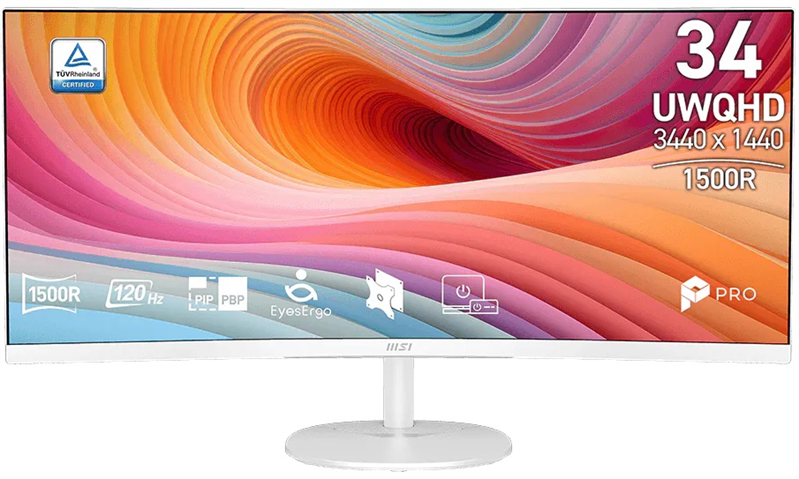 Монитор MSI PRO MP341CQW E12 34" 21:9 UWQHD(3440x1440) VA Curve1500R, 1ms(MPRT), 3500:1,100M:1,300nit,178/178,2xHDMI 2.0,DP 1.4a,Tilt,Speaker,VESA,120Hz,White,1y w-ty