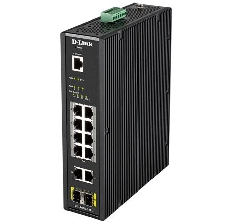 коммутатор D-Link PROJ Промышленный управляемый L2 PoE-коммутатор, 10x1000Base-T (8x1000Base-T PoE), 2x1000Base-X SFP, PoE-бюджет 123 Вт, защита от статического электричества до 6 кВ, CLI, консольный порт RJ-45