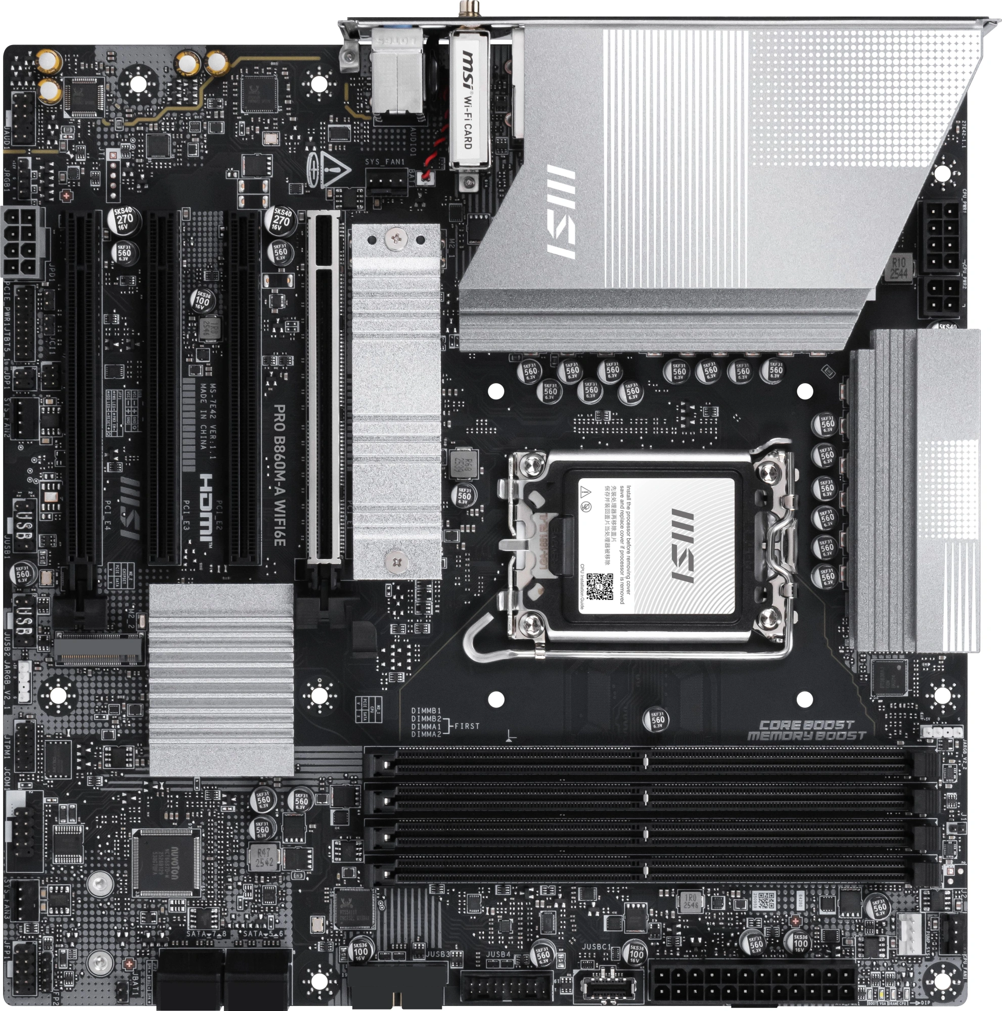 Материнская плата MSI PRO B860M-A WIFI6E B860, LGA1851, 4*DDR5, 4*PCIEx16, 3*M.2, 2*TypeC, 1*USB3.2Gen2, 6*USB3.2Gen1, 6*USB2.0, 4*SATA3.0, 5G, Type-C(DP), DP, HDMI, M-ATX, RTL
