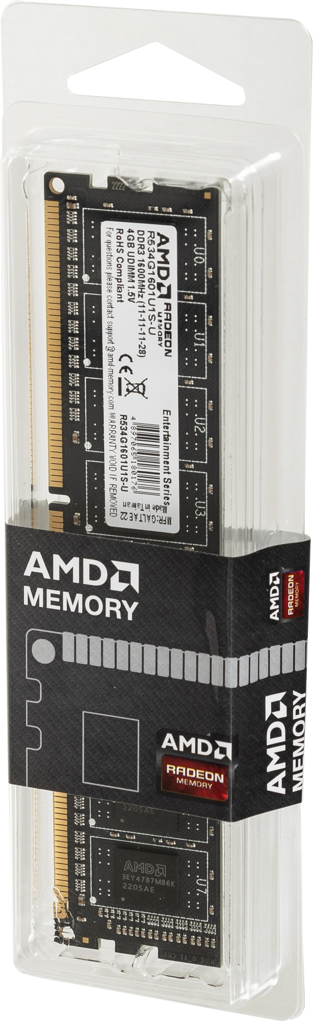 Модуль памяти AMD Radeon 4GB DDR3 1600 DIMM R3 Value Series Black R534G1601U1S-U Non-ECC, CL11, 1.5V, Retail R534G1601U1S-U (180176)