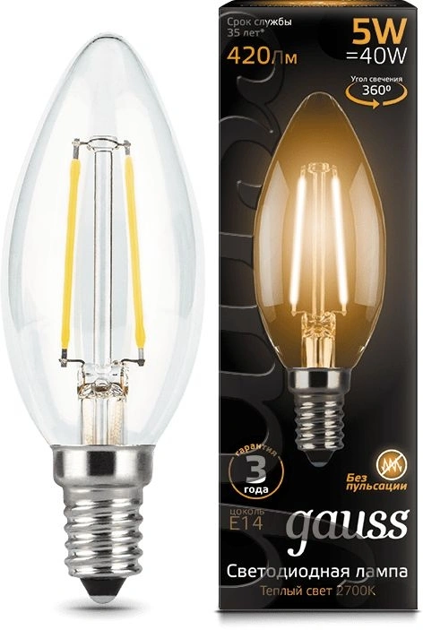 Лампа филам. Gauss Filament 5Вт цок.:E14 свеча 220B св.свеч.бел.теп. (упак.:1шт) (103801105) Лампа филам. Gauss Filament 5Вт цок.:E14 свеча 220B св.свеч.бел.теп. (упак.:1шт) (103801105)