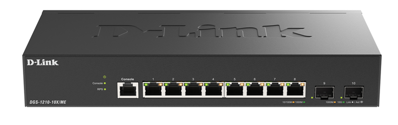 Коммутатор D-Link Управляемый L2 коммутатор, 8x1000Base-T, 2x10GBase-X SFP+, защита от статического электричества до 6 кВ, CLI, консольный порт RJ-45, RPS, поддержка Dying Gasp