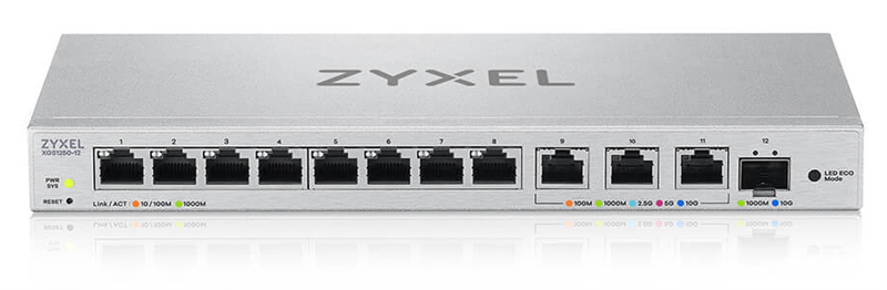 коммутатор Мультигигабитный Smart L2 Zyxel XGS1250-12, 8xGE, 3x1/2,5/5/10G, 1xSFP+, кнопка LED ECO Mode, настольный коммутатор Мультигигабитный Smart L2 Zyxel XGS1250-12, 8xGE, 3x1/2,5/5/10G, 1xSFP+, кнопка LED ECO Mode, настольный
