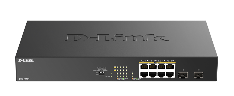 Коммутатор D-Link Конфигурируемый PoE-коммутатор, 8х1000Base-T PoE, 2x1000Base-X SFP, PoE-бюджет 125 Вт, дальность PoE до 250 м, DIP-переключатель, корпус металл Коммутатор D-Link Конфигурируемый PoE-коммутатор, 8х1000Base-T PoE, 2x1000Base-X SFP, PoE-бюджет 125 Вт, дальность PoE до 250 м, DIP-переключатель, корпус металл
