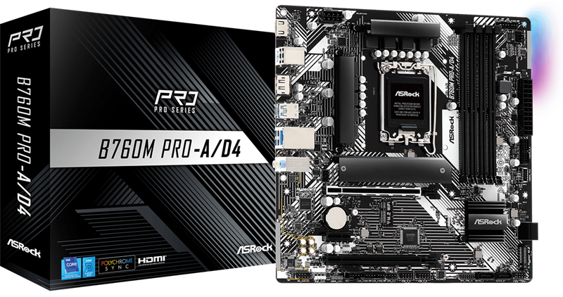 Материнская плата ASROCK B760M PRO-A/D4, LGA1700, B760, 4*DDR4, 4*SATA, 2*M.2, 3*USB 3.2, 2*USB 2.0, Type-C, 2*PCIx16, 1*PCIx1, 1*M.2 (Key E), HDMI+DP, mATX