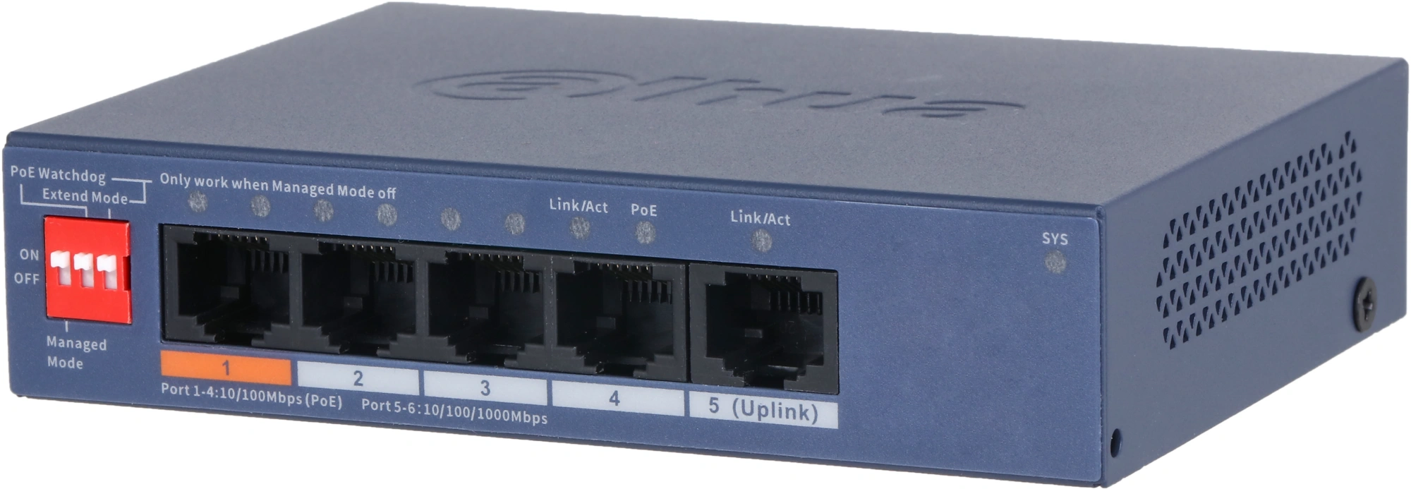 Коммутатор Dahua DH-CS4005-4ET1GT-60 (L2) 4x100Мбит/с 1x1Гбит/с 4PoE 60W управляемый