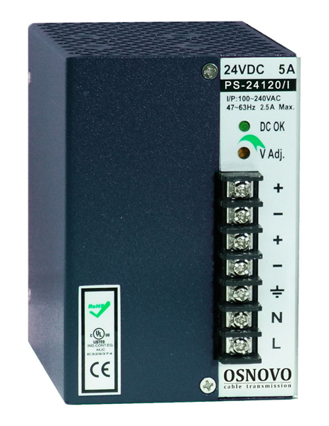 Промышленный блок питания OSNOVO PS-24120/I Промышленный блок питания. DC24V, 5A (120W). Диапазон входных напряжений: AC195-265V. КПД: 81%. Регулировка выходного напряжения в диапазоне 22-26V. Защита от короткого замыкания, пе