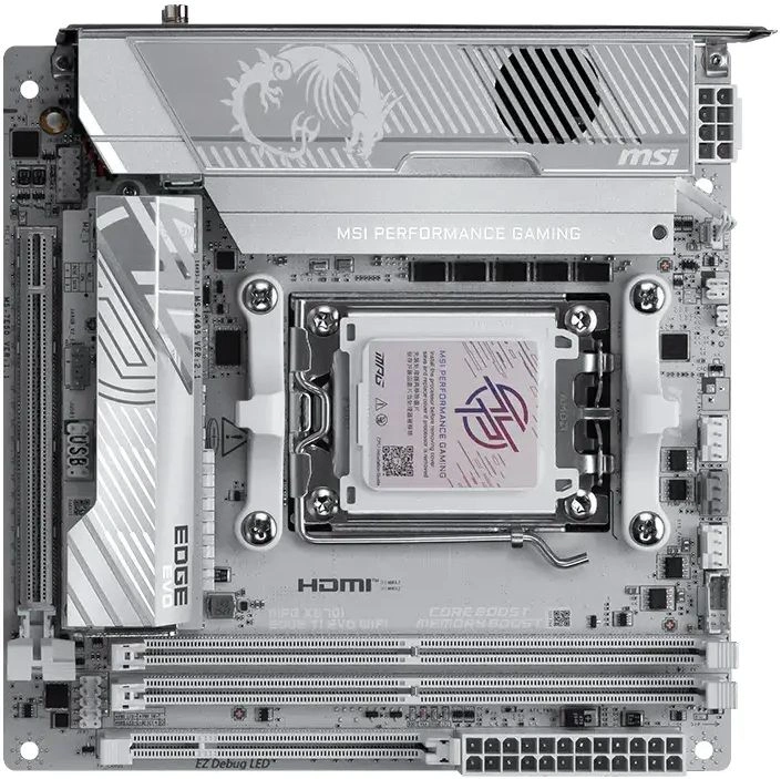 Материнская плата MSI MPG X870I EDGE TI EVO WIFI X870, AM5, 2*DDR5, 1*PCIEx16, 1*M.2, 2*TypeC, 5*USB3.2Gen2, 2*USB3.2Gen1, 2*USB2.0, 2*SATA3.0, 5G, 2*Type-C(DP), HDMI, ITX, RTL