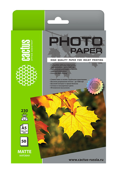 Фотобумага Cactus CS-MA523050 A5/230г/м2/50л./белый матовое для струйной печати Фотобумага Cactus CS-MA523050 A5/230г/м2/50л./белый матовое для струйной печати
