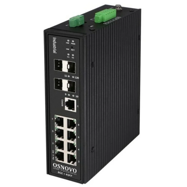 Промышленный коммутатор Gigabit Ethernet OSNOVO SW-70804/ILS Промышленный управляемый (L2+) коммутатор Gigabit Ethernet на 8GE RJ45 + 4 GE SFP порта с функцией мониторинга температуры/ влажности/ напряжения. Порты: 8 x GE (10/100/1000Base-T)