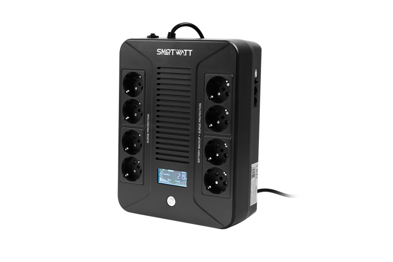 Источник бесперебойного питания SMARTWATT линейно-интерактивный, 1000/600 ВА/Вт, напольный/настенный, LCD дисплей, Shuko CEE7/4 - 8 шт. (4 шт. с резервным питанием, 4 шт. - сетевой фильтр) (3703020280003)