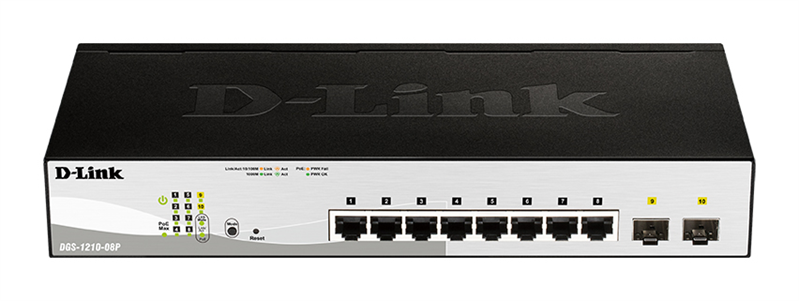 Коммутатор D-Link Управляемый L2 PoE-коммутатор, 8x1000Base-T PoE, 2х1000Base-X SFP, PoE-бюджет 65 Вт, упрощенный интерфейс CLI, Web-интерфейс, SNMP