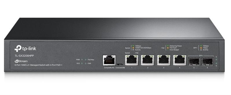  TP-Link JetStream™ 6-портовый управляемый коммутатор с 4 портами PoE++ 10GBase-T и 2 слотами SFP+ 10GE уровня 2+