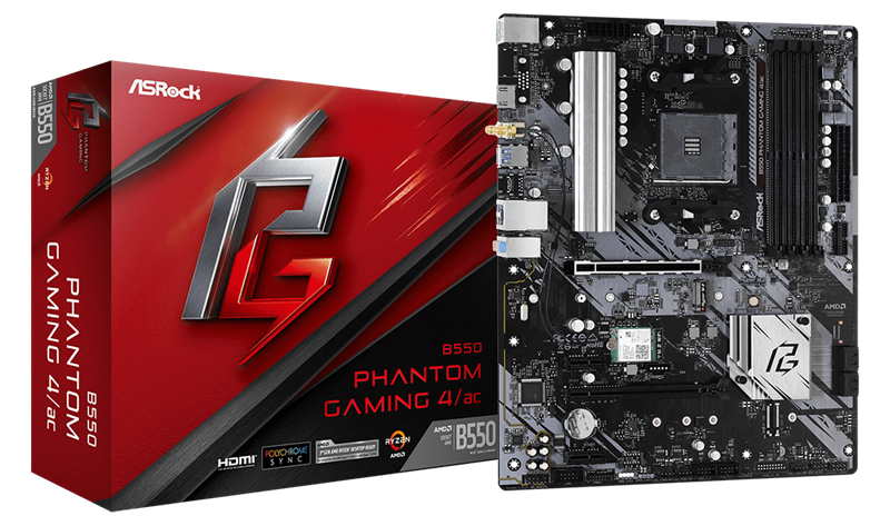 Материнская плата ASROCK B550 PHANTOM GAMING 4/ac, AM4, B550, 4*DDR4, 6*SATA, 2*M.2, 6*USB 3.2, 6*PCIx16, 2*PCIx1, 1*M.2 (Key E), HDMI, ATX