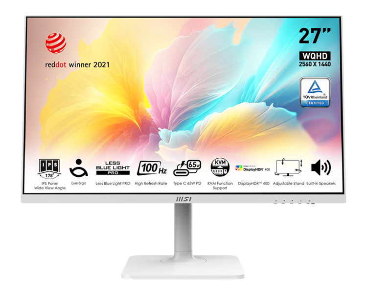 Монитор MSI Modern MD272QXPW 27" 16:9 WQHD(2560x1440) IPS Flat,1ms(MPRT),HDR 400,1000:1,100M:1,400nit,HDMI,DP,2xUSB Type-A,USB Type-B,USB Type-C,Speaker,Tilt,Swivel,Height,Pivot,100Hz,White(white cable),1y