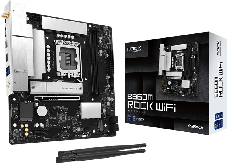 Материнская плата ASROCK B860M Rock WiF, LGA1851, B860, 4*DDR5, 4*SATA, 4*M.2, 4*USB 3.2, 3*USB 2.0, Type-C, 2*PCIx16, 1*M.2 (Key E), HDMI, mATX Материнская плата ASROCK B860M Rock WiF, LGA1851, B860, 4*DDR5, 4*SATA, 4*M.2, 4*USB 3.2, 3*USB 2.0, Type-C, 2*PCIx16, 1*M.2 (Key E), HDMI, mATX