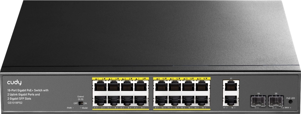 Коммутатор CUDY 16-Port Gigabit PoE+ Switch with 2 Uplink Gigabit Ports and 2 Gigabit SFP Slots 200W 16-10/100/1000 BASE-T Gigabit ports, 2-Port 10/100/1000 BASE-T Gigabit Uplink ports, 2-1000 BASE-X SFP Slot, 16-port IEEE 802.3at PoE+ Injector Коммутатор CUDY 16-Port Gigabit PoE+ Switch with 2 Uplink Gigabit Ports and 2 Gigabit SFP Slots 200W 16-10/100/1000 BASE-T Gigabit ports, 2-Port 10/100/1000 BASE-T Gigabit Uplink ports, 2-1000 BASE-X SFP Slot, 16-port IEEE 802.3at PoE+ Injector