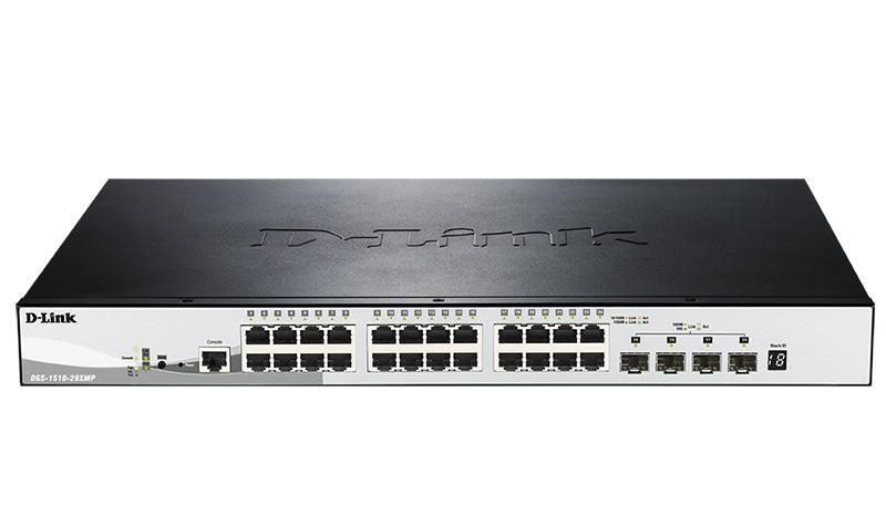Коммутатор D-Link DGS-1510-28XMP/A1A, PROJ L2+ Smart Switch with 24 10/100/1000Base-T ports and 4 10GBase-X SFP+ ports (24  PoE ports 802.3af/802.3at (30 W), PoE Budget 370W).16K Mac address, 802.3x Flow Contro