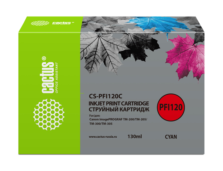 Картридж струйный Cactus CS-PFI120C PFI-120C голубой (130мл) для Canon imagePROGRAF TM-200/TM-205/TM-300/TM-305 Картридж струйный Cactus CS-PFI120C PFI-120C голубой (130мл) для Canon imagePROGRAF TM-200/TM-205/TM-300/TM-305