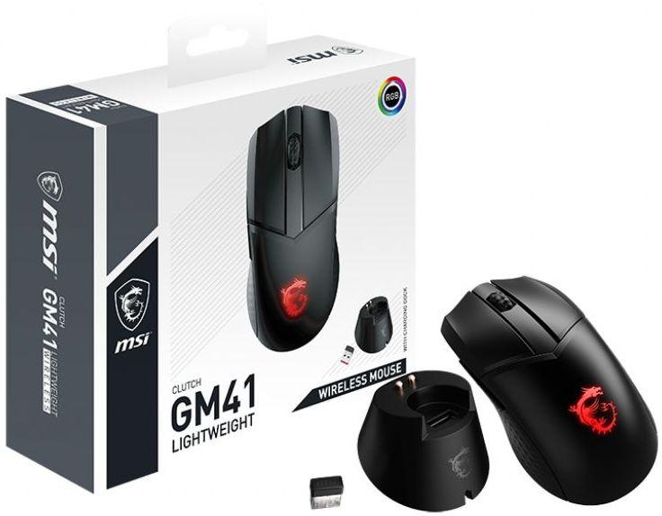 Мышь беспроводная Gaming Mouse MSI Clutch GM41 Lightweight Wireless, 74g, DPI 20000, 80+ hours for gaming & 200 hours usage on a single charge, Symmetrical design, charging dock & dongle, black
