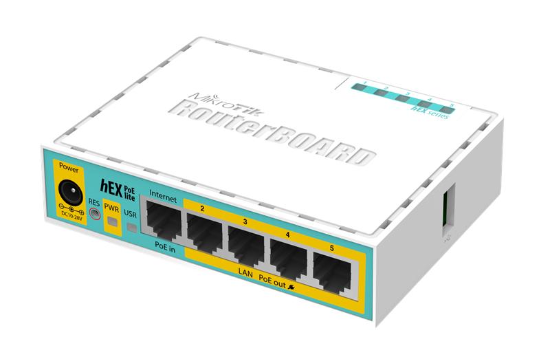 Маршрутизатор MikroTik hEX PoE lite with 650MHz CPU, 64MB RAM, 5xLAN (four with PoE out), USB, RouterOS L4, plastic case and PSU