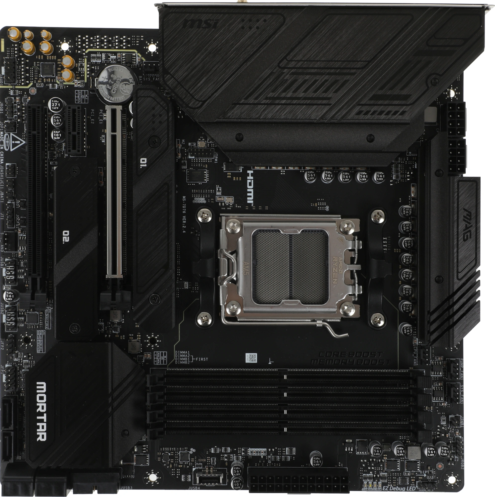 Материнская плата MSI MAG B650M MORTAR WIFI B650, AM5, 4*DDR5, 2*PCIEx16, 1*PCIEx1, 2*M.2, 2*TypeC, 3*USB3.2Gen2, 6*USB3.2Gen1, 4*USB2.0, 6*SATA3.0, 2.5G, DP, HDMI, M-ATX, RTL
