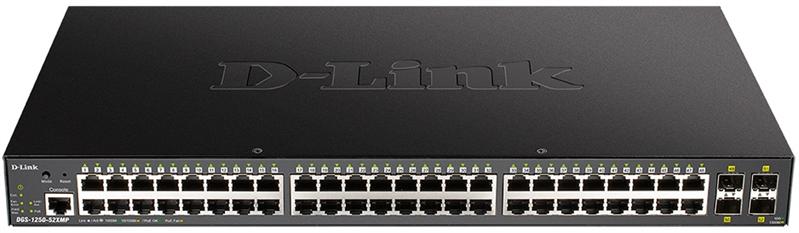 Коммутатор D-Link DGS-1250-52XMP/A1A, L2 Smart Switch with 48 10/100/1000Base-T ports and 4 10GBase-X SFP+ ports (48  PoE ports 802.3af/802.3at (30 W), PoE Budget 370W).16K Mac address, 802.3x Flow Control, 4K