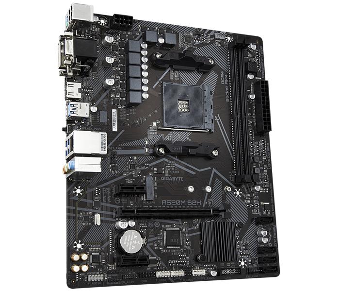 Мат. плата GIGABYTE A520M S2H, AM4, A520, 2*DDR4, D-Sub+DVI-D+HDMI,  4 SATA 6 Гб/с, M2, Audio, Gb LAN, USB 3.2, USB 2.0, COM*1 header, mATX