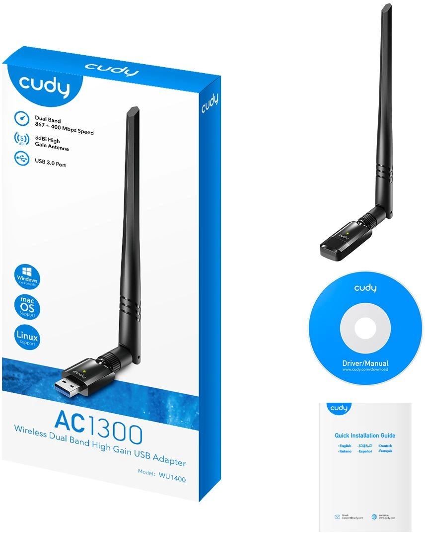 Адаптер беспроводной связи (Wi-Fi) CUDY AC1300 Wi-Fi High Gain USB 3.0 Adapter 1300Mbps High Gain Wi-Fi USB 3.0 Adapter, 802.11ac/a/b/g/n, 867Mbps at 5GHz + 400Mbps at 2.4GHz, 1 high gain detachable antenna, USB 3.0 Адаптер беспроводной связи (Wi-Fi) CUDY AC1300 Wi-Fi High Gain USB 3.0 Adapter 1300Mbps High Gain Wi-Fi USB 3.0 Adapter, 802.11ac/a/b/g/n, 867Mbps at 5GHz + 400Mbps at 2.4GHz, 1 high gain detachable antenna, USB 3.0