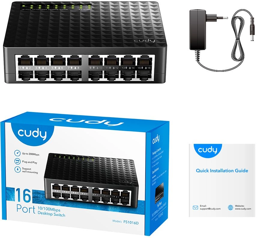Коммутатор CUDY 16-Port 10/100 Mbps Metal Switch 16-Port 10/100 Mbps Switch, 16 10/100 Mbps RJ45 Ports, Switch/VLAN/Extend working mode DIP switch, Rack-mountable Steel Case, Power Saving, Plug & Play, Rack-Mount kits included