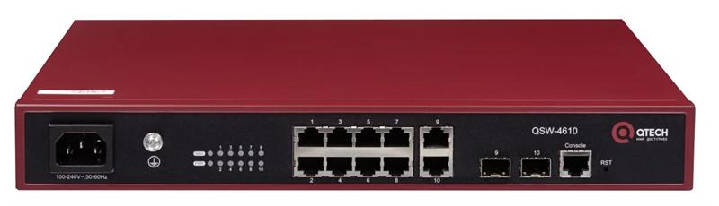  Qtech Управляемый коммутатор уровня L2+, 8 портов 10/100/1000BASE-T, 2 порта 100/1000BASE-X SFP, 4K VLAN, 8K MAC адресов, консольный порт, встроенный БП разъем питания на передней панели, 100-240В AC,