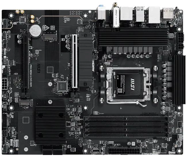 Материнская плата MSI PRO B850-S EVO WIFI B850, AM5, 4*DDR5, 2*PCIEx16, 3*M.2, 2*TypeC, 2*USB3.2Gen2, 4*USB3.2Gen1, 8*USB2.0, 4*SATA3.0, 5G, DP, HDMI, ATX, RTL