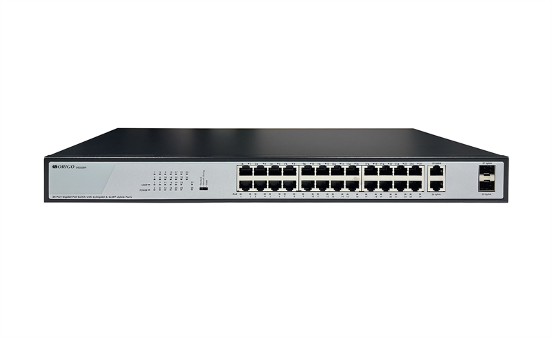 коммутатор ORIGO Неуправляемый PoE-коммутатор, 26x1000Base-T (24x1000Base-T PoE), 2x1000Base-X SFP, PoE-бюджет 370 Вт, комплект для установки в 19" стойку