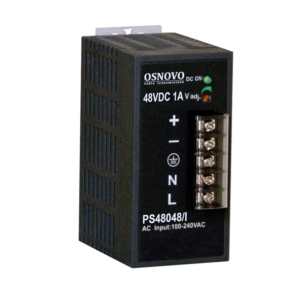 Промышленный блок питания OSNOVO PS-48048/I Промышленный блок питания. DC48V, 1A (48W). Диапазон входных напряжений: AC195-265V. КПД: 83%. Регулировка выходного напряжения в диапазоне 45-53V. Защита от короткого замыкания, пер