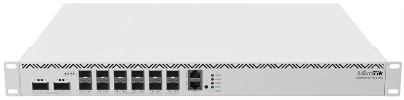 Маршрутизатор MikroTik Cloud Core Router 2216-1G-12XS-2XQ with Amazon Annapurna Labs Alpine v3 AL73400 CPU (16-cores, 2GHz per core) and Marvell Prestera Aldrin2 switch-chip, 16GB RAM, 2x100G QSFP cages, 14x25G SFP