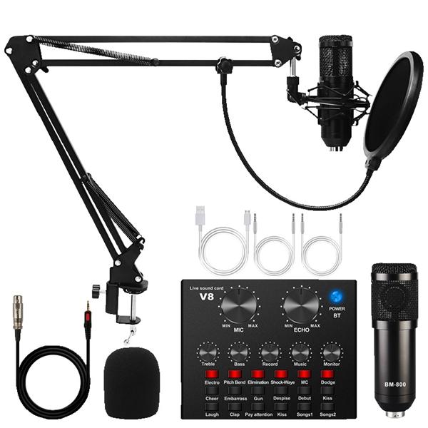 Микрофон Condenser microphone with metal body, cantilever bracket, metal shock absorber, plastic filter, microphone cover, jack - xlr 1,5m, user manual, V8 sound card