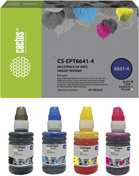 Чернила Cactus CS-EPT6641-4 T664 многоцветный набор 4x100мл для Epson L100/L110/L120/L132/L200/L210/L222/L300/L312/L350/L355/L362/L366/L456/L550/L555/L566/L1300 Чернила Cactus CS-EPT6641-4 T664 многоцветный набор 4x100мл для Epson L100/L110/L120/L132/L200/L210/L222/L300/L312/L350/L355/L362/L366/L456/L550/L555/L566/L1300