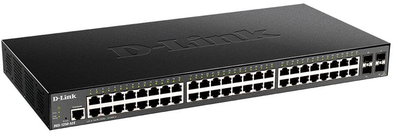 Коммутатор D-Link DGS-1250-52X/A1A, L2 Smart Switch with 48 10/100/1000Base-T ports and 4 10GBase-X SFP+ ports.16K Mac address, 802.3x Flow Control, 4K of 802.1Q VLAN, 4 IP Interface, 802.1p Priority Queues, AC