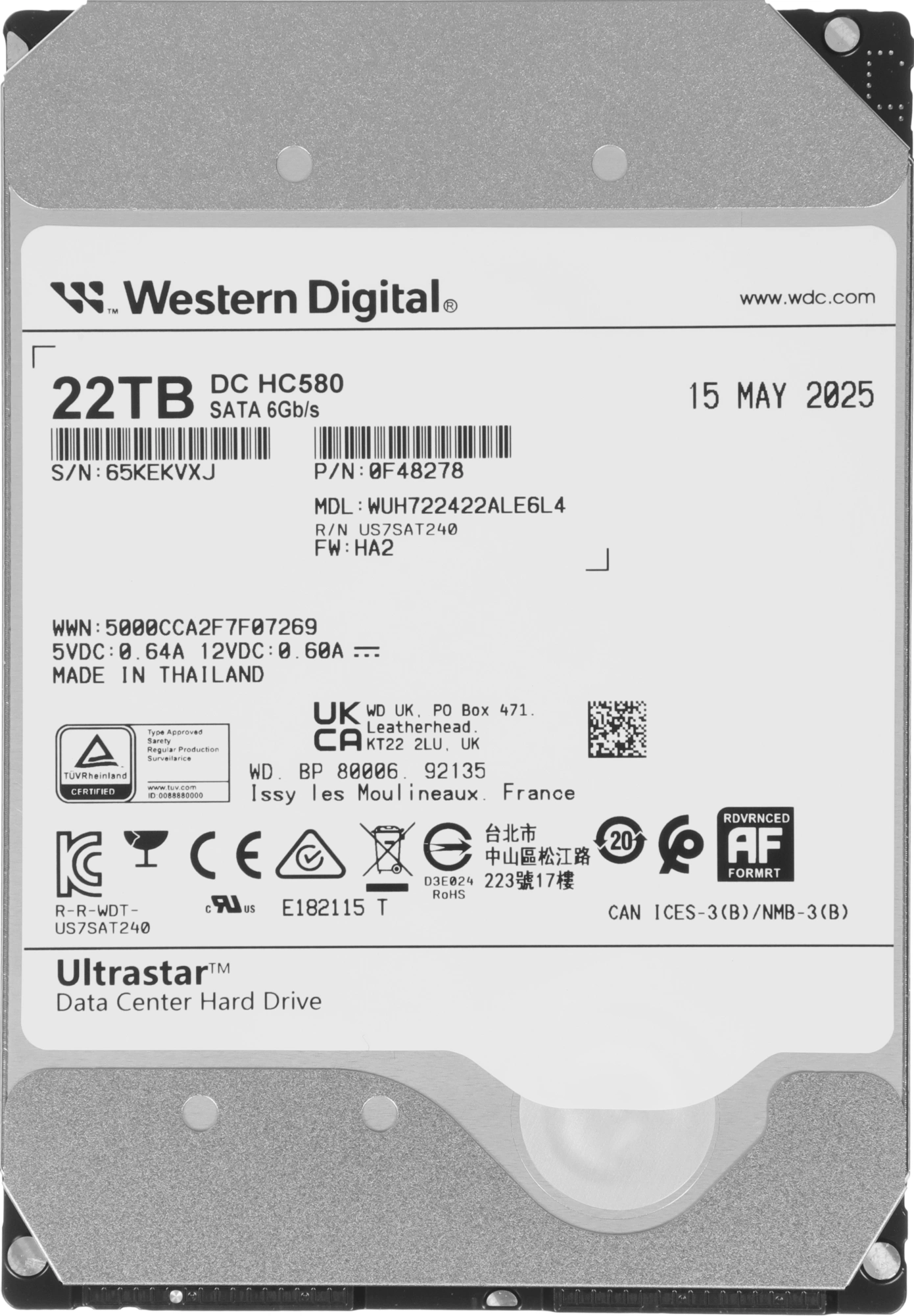 Жесткий диск WD SATA-III 22TB 0F48278/0F62785 WUH722422ALE6L4 Server Ultrastar DC HC580 (7200rpm) 512Mb 3.5"