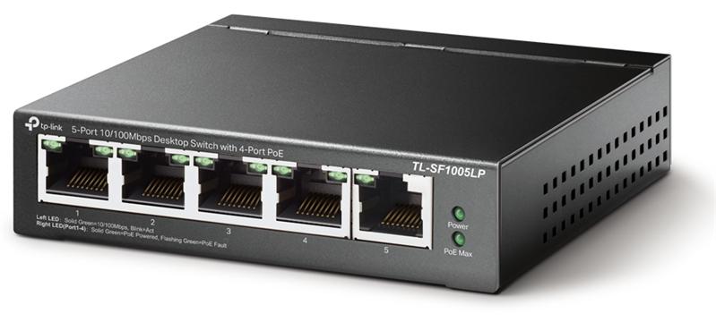  TP-Link 5-портовый 10/100 Мбит/с неуправляемый коммутатор с 4 портами PoE, металлический корпус, бюджет PoE — 41 Вт.