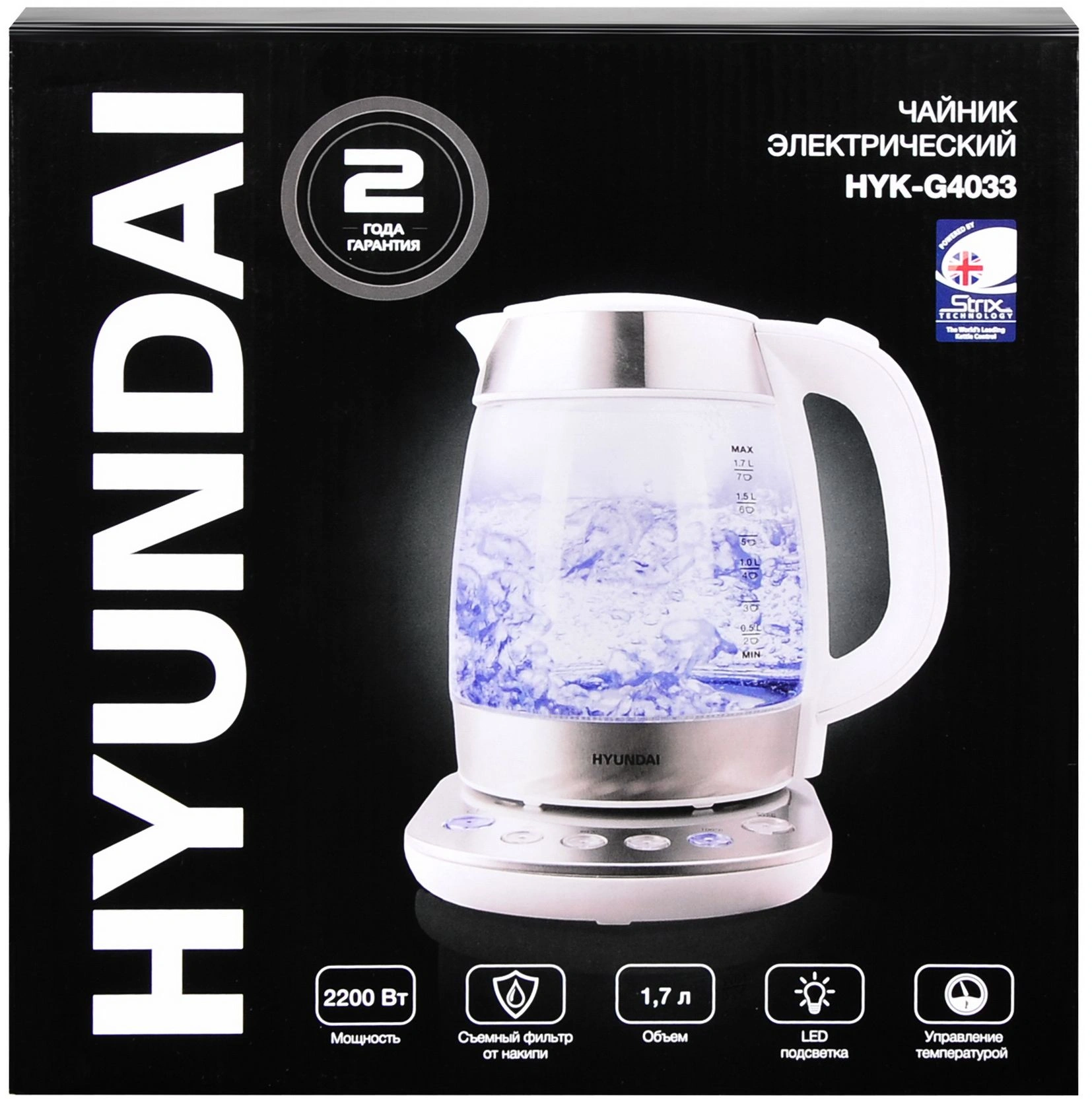 Чайник электрический Hyundai HYK-G4033 1.7л. 2200Вт белый/серебристый корпус: стекло Чайник электрический Hyundai HYK-G4033 1.7л. 2200Вт белый/серебристый корпус: стекло