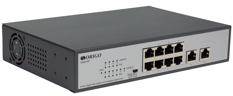 Коммутатор ORIGO Неуправляемый PoE-коммутатор, 8x1000Base-T PoE, 2x1000Base-T, PoE-бюджет 120 Вт, PoE до 250 м, комплект для установки в 19" стойку