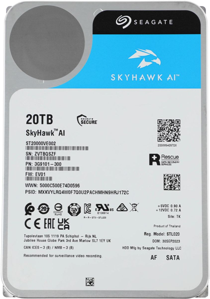 Жесткий диск Seagate SkyHawk AI HDD 3.5" SATA 20Tb, 7200 rpm, 256Mb buffer, 512e, ST20000VE002, 1 year