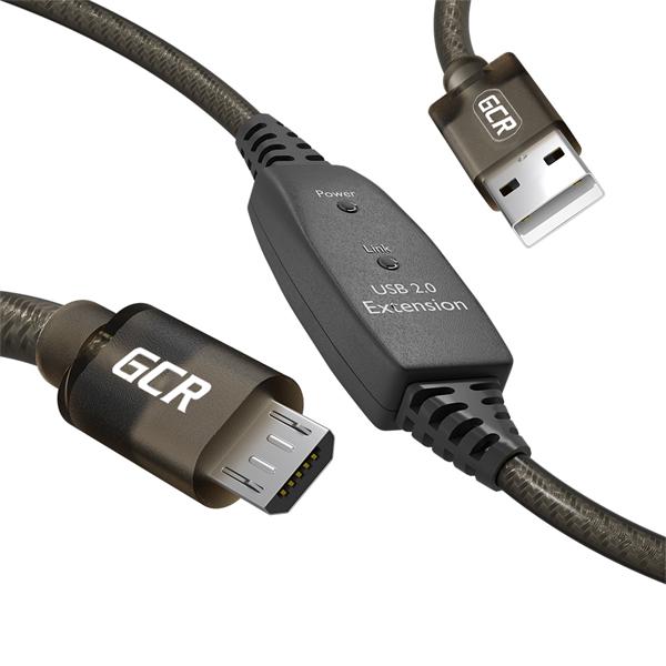  GCR Кабель для Принтера, МФУ, активный 10.0m USB 2.0, AM/microB, черно-прозр, с усилителем сигнала, разъём для доп.питания, 28/24 AWG (UAa5)