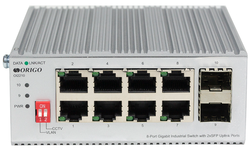 Коммутатор ORIGO Промышленный неуправляемый коммутатор, 8x1000Base-T, 2x1000Base-X SFP, защита от статического электричества до 4 кВ, -40..75°C