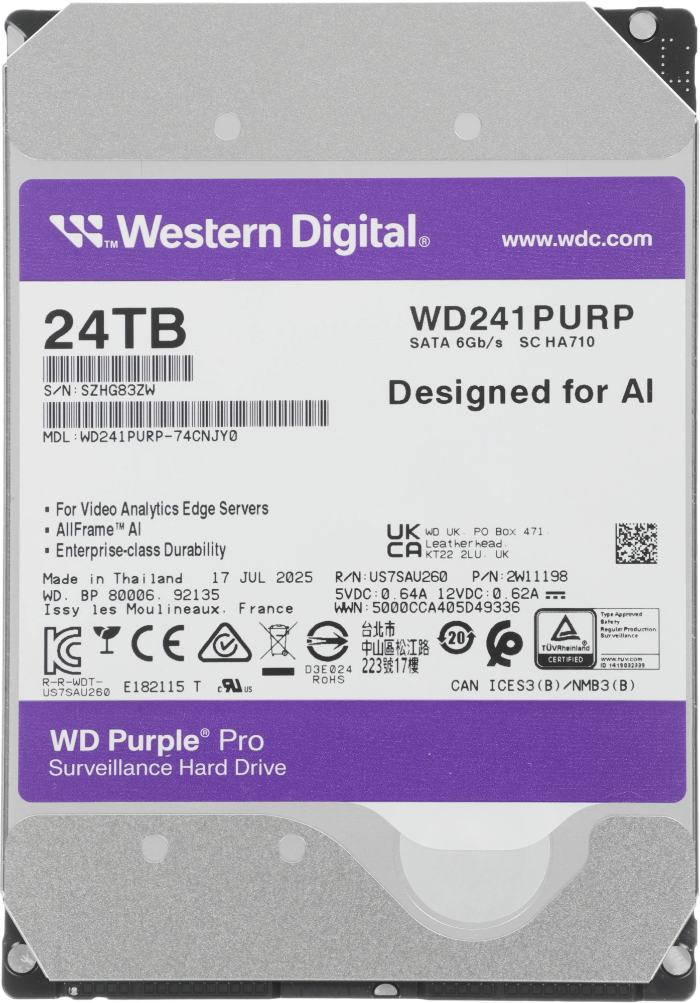 Жесткий диск Western Digital Purple Pro WD241PURP 24TB 3.5" 7200RPM 512MB SATA DV AI