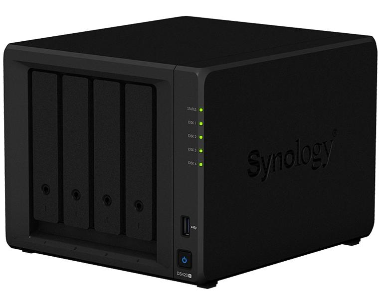 Система хранения данных Synology QC2,0GhzCPU/2GB(upto6)/RAID0,1,10,5,6/up to 4HDDs SATA(3,5' or 2,5')/2xUSB3.0/2GigEth/iSCSI/2xIPcam(up to 25)/1xPS/1YW(repl DS418play)'