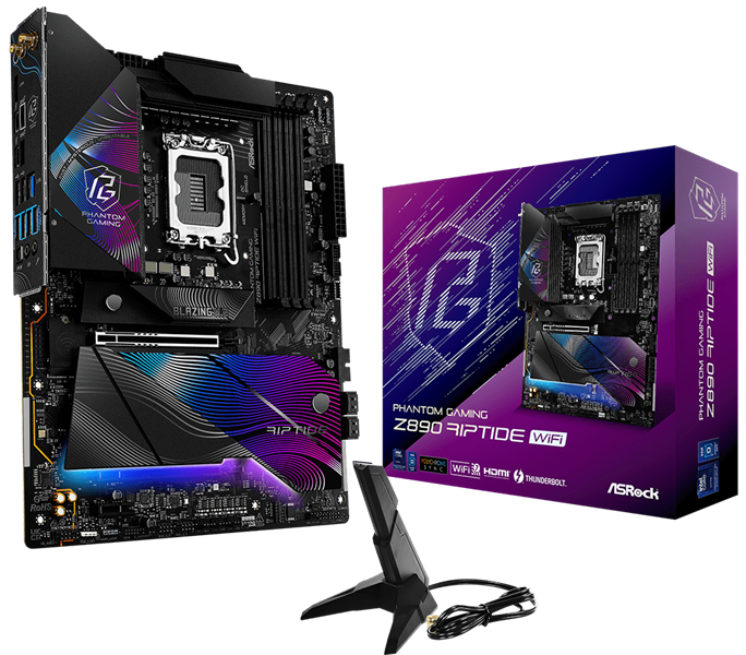 Материнская плата ASROCK Z890 RIPTIDE WIFI, LGA1851, Z890, 4*DDR5, 4*SATA, 4*M.2, 6*USB 3.2, 2*USB 2.0, 2*Type-C, 2*PCIx16, 1*PCIx4, 1*M.2 (Key E), HDMI, ATX Материнская плата ASROCK Z890 RIPTIDE WIFI, LGA1851, Z890, 4*DDR5, 4*SATA, 4*M.2, 6*USB 3.2, 2*USB 2.0, 2*Type-C, 2*PCIx16, 1*PCIx4, 1*M.2 (Key E), HDMI, ATX