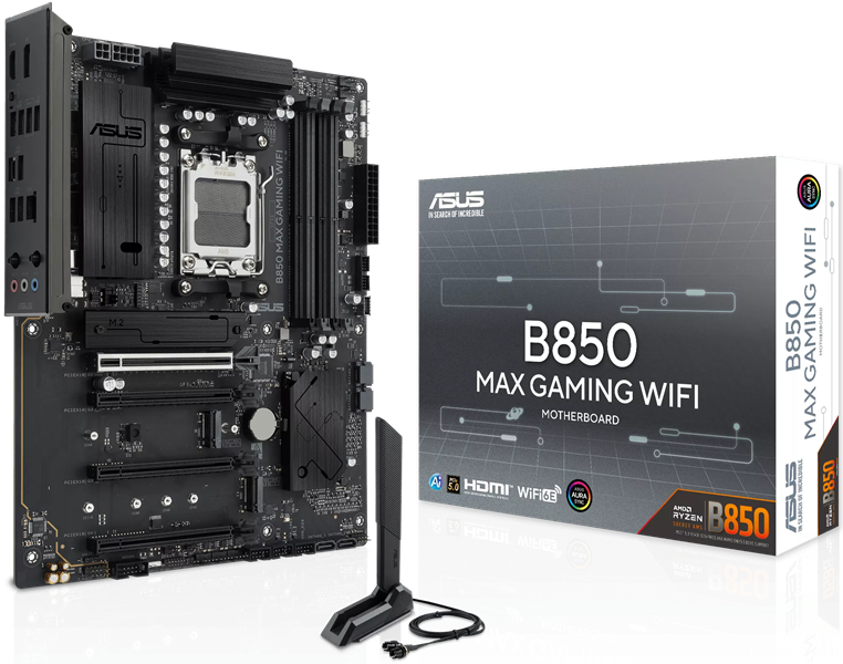 Материнская плата ASUS B850 MAX GAMING WIFI, AM5, B850, 4*DDR5, 4*SATA, 3*M.2, 5*USB 3.2, 2*USB 2.0, Type-C, 5*PCIx16, DP+HDMI, ATX; 90MB1PR0-M0EAY0 Материнская плата ASUS B850 MAX GAMING WIFI, AM5, B850, 4*DDR5, 4*SATA, 3*M.2, 5*USB 3.2, 2*USB 2.0, Type-C, 5*PCIx16, DP+HDMI, ATX; 90MB1PR0-M0EAY0