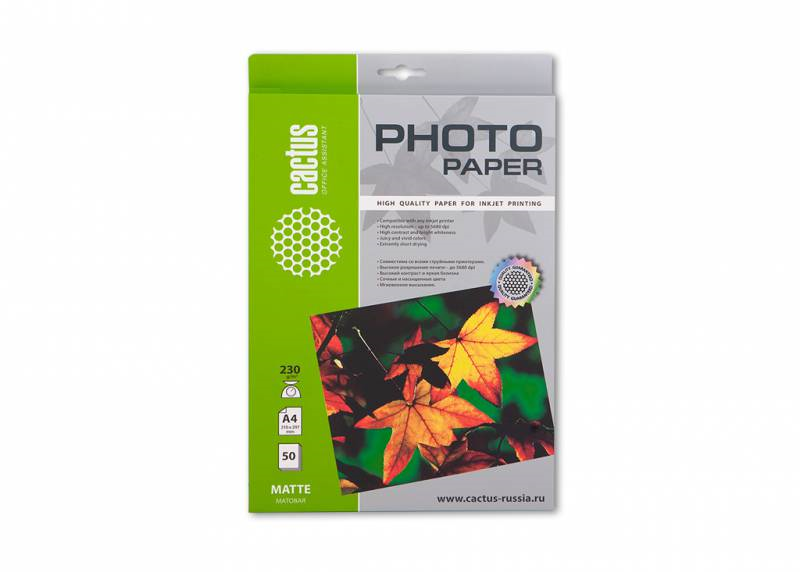 Фотобумага Cactus CS-MA423050 A4/230г/м2/50л./белый матовое для струйной печати Фотобумага Cactus CS-MA423050 A4/230г/м2/50л./белый матовое для струйной печати